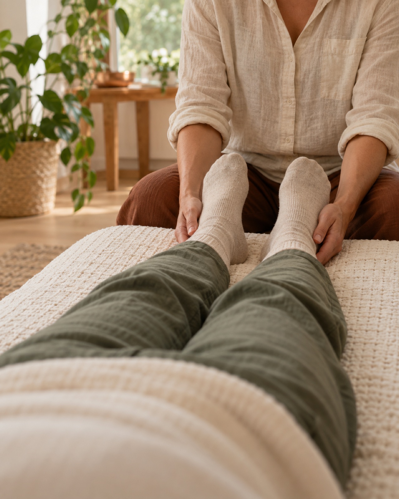 Contacto suave en los pies durante una sesión de Terapia Cráneo Sacral Biocuántica